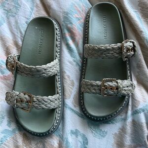 Ulla Johnson Shoes, Green Kiera Raffia Dual-Buckle Slide Sandals size 10